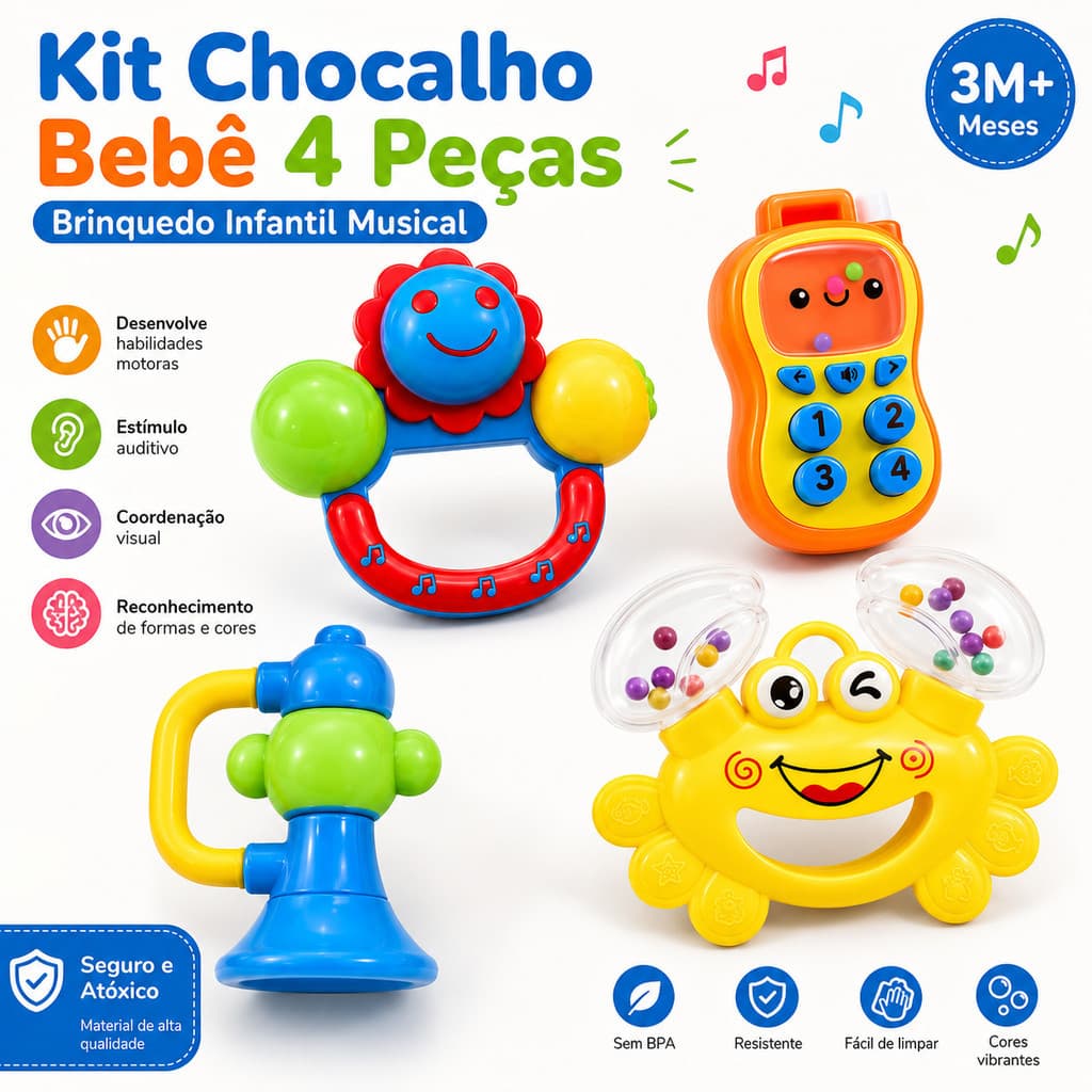 Kit Brinquedos para Bebê 4 Peças Chocalho Telefone Musical Buzina Caranguejo Sensorial Infantil