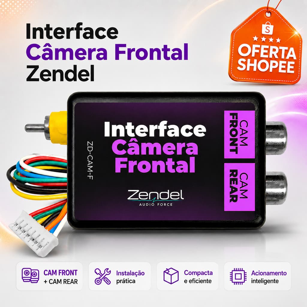 Interface Câmera Frontal e Ré Zendel ZD-CAM-F Seletor 2 Câmeras para Central Multimídia Automotiva