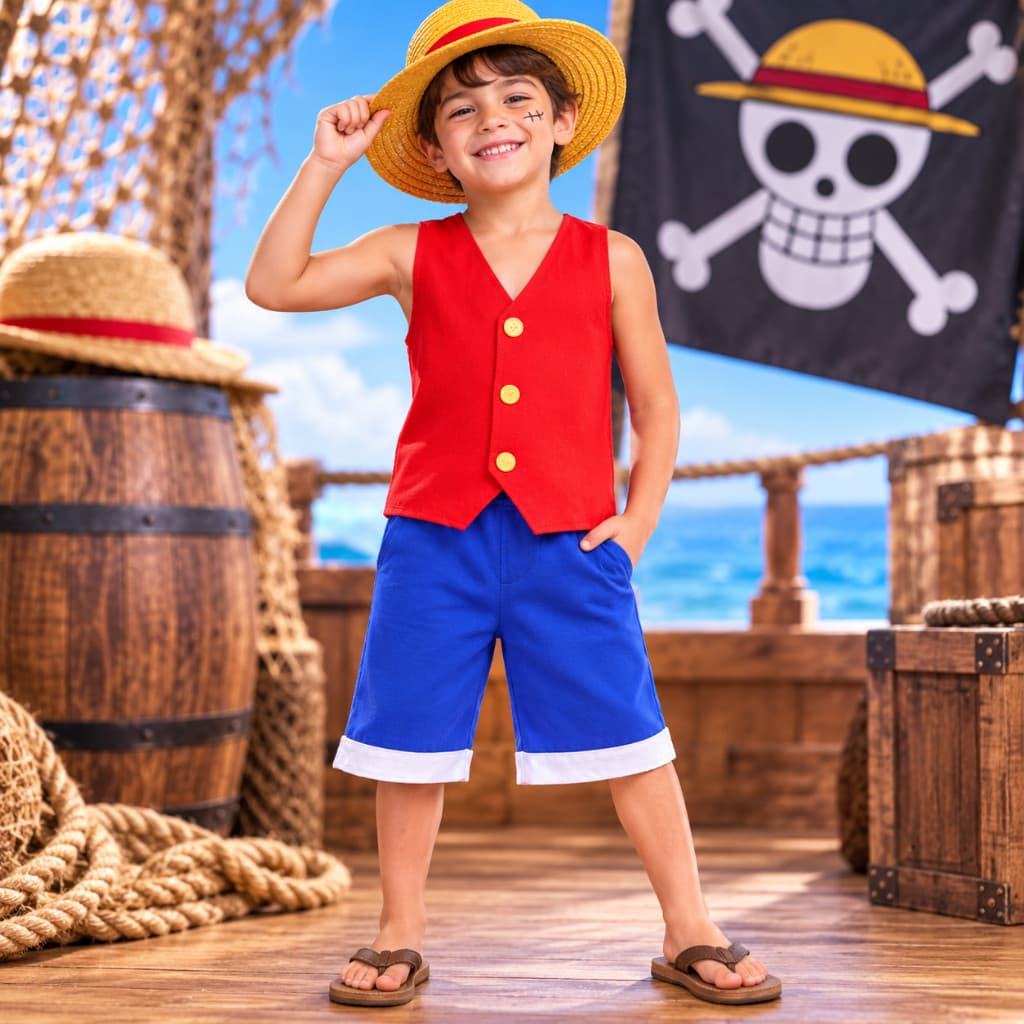 Fantasia Infantil Pirata Aventureiro 3 Peças com Chapéu, Colete e Bermuda Halloween Carnaval