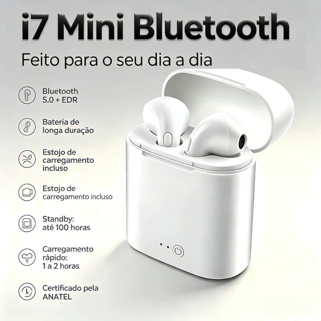 kit2/4 Fone Bluetooth Altomex I7-Mini 5.0 | Áudio Premium Estojo 600mAh | Revenda Presente Compacto Portátil