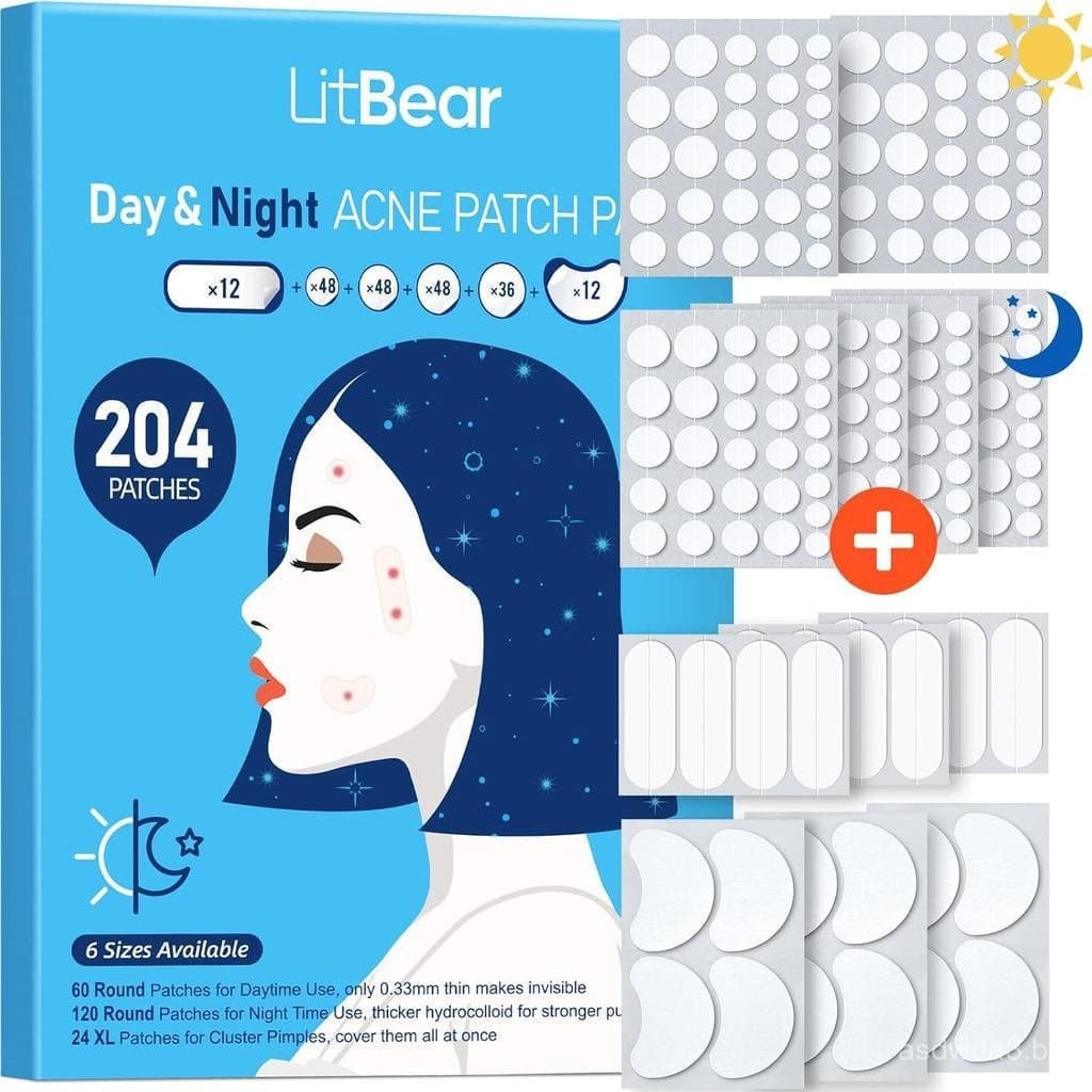 LitBear Adesivo para Remoção de Acne - Estilo Dia e Noite, 6 Tamanhos, 204 Peças, Tipo Fino e Tipo Grosso, Adesivo Corpo
