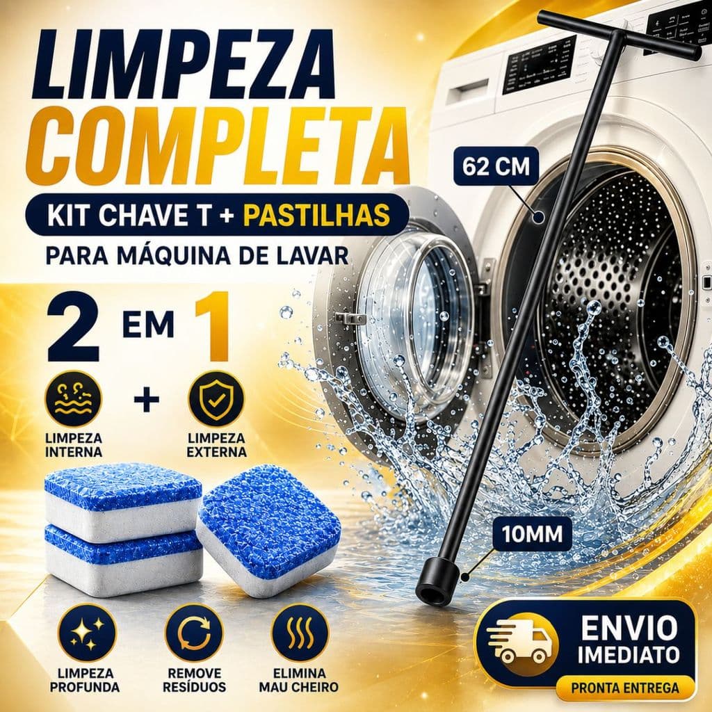 Kit Limpeza Máquina de Lavar 2 em 1 Chave T 62cm 10mm Pastilhas Efervescentes Remove Sujeira mau cheiro Universal