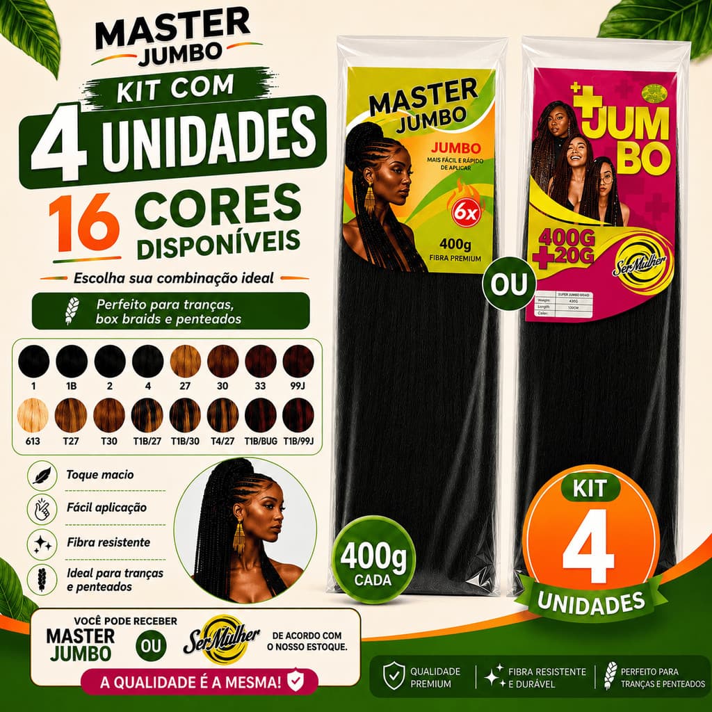 Kit 4 Jumbos 400g Cabelo Sintético Para Tranças Box Braid