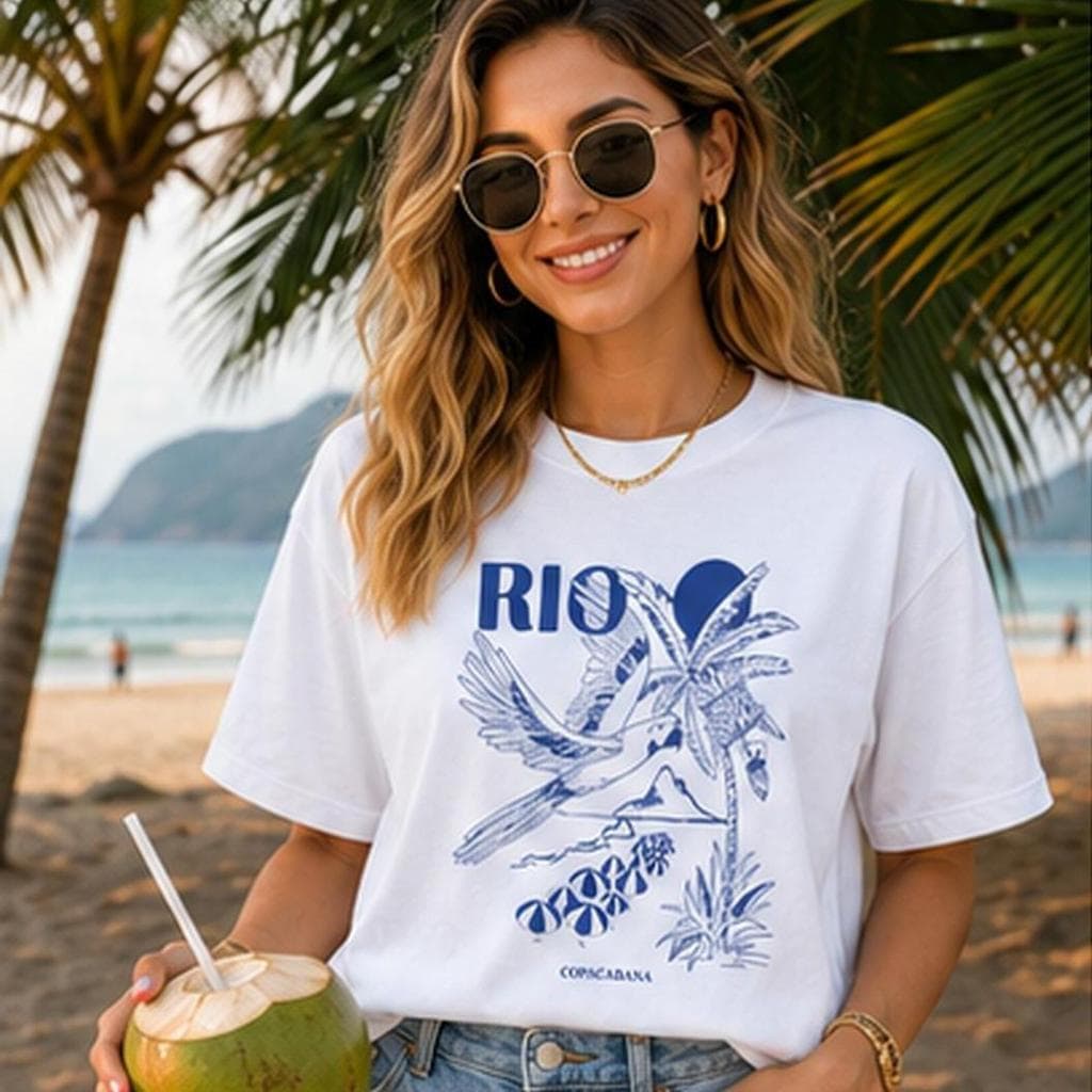 Camiseta Feminina Rio de Janeiro Copacabana 100% Algodão Estampa Praia Casual