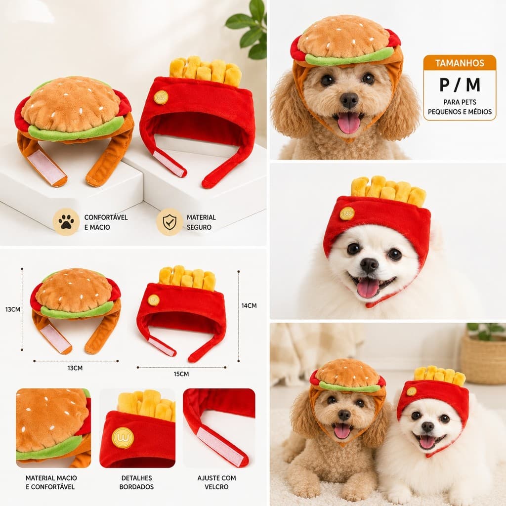 Acessório de chapéu engraçado para cachorro e gato design de hambúrguer macio ideal para decoração e fotografias X253