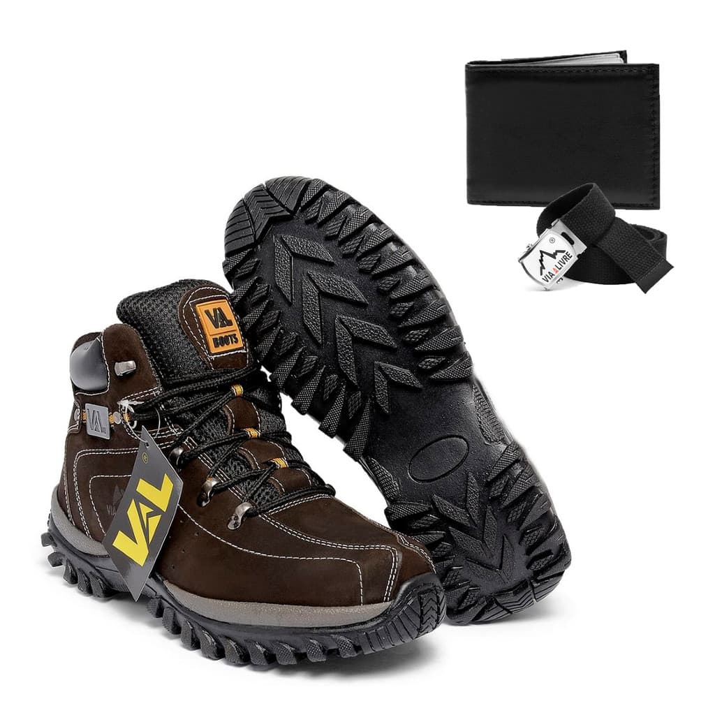 Bota Coturno Montana Cano Médio em Couro + Carteira + Cinto Kit Adventure Antiderrapante
