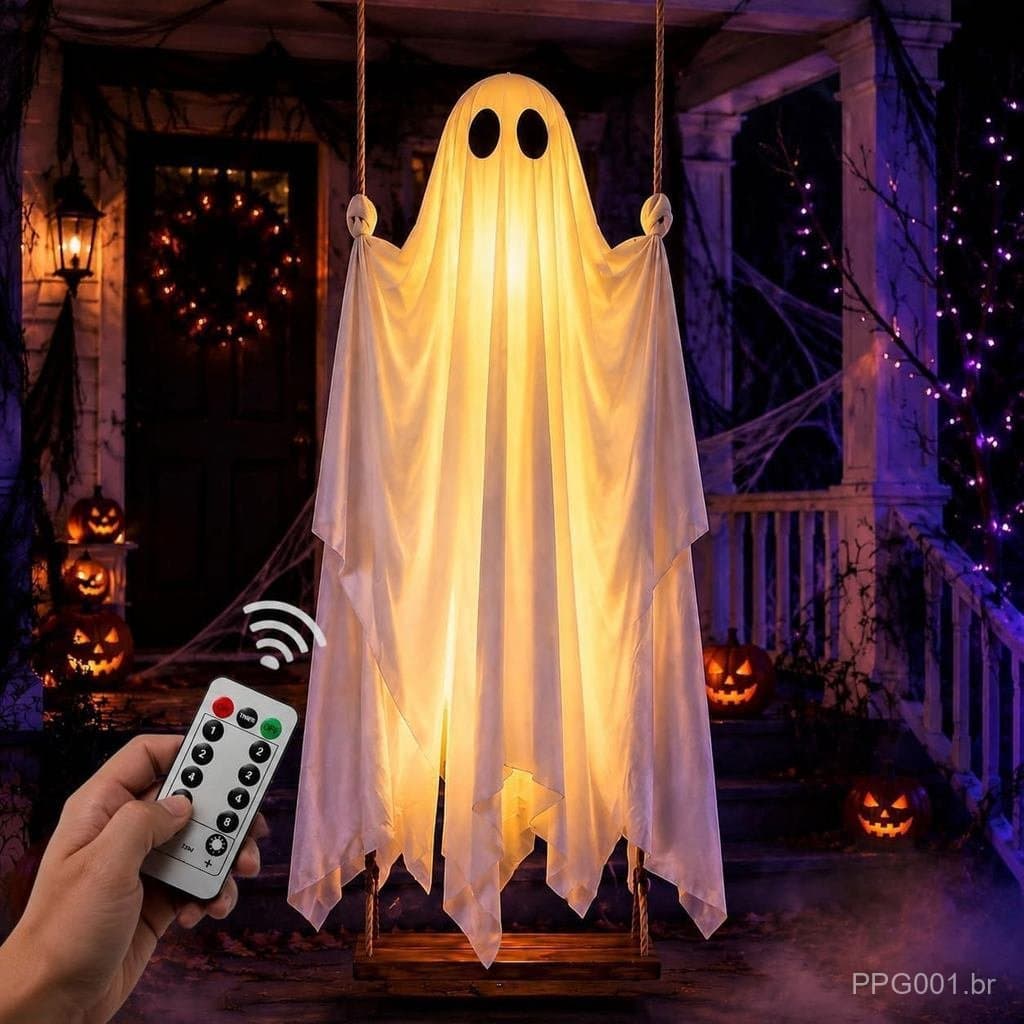 Decorações de Halloween para Exterior, Fantasma Balançante Pré-Montado de 4,6 pés com Controle Remoto, 8 Modos de Luz e