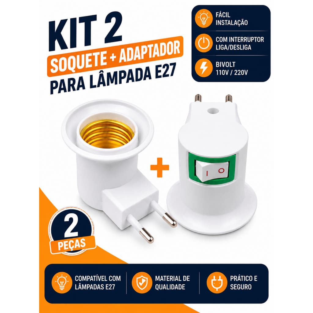 Kit 2 Soquete E27 Tomada Com Interruptor Liga Desliga Bivolt LED