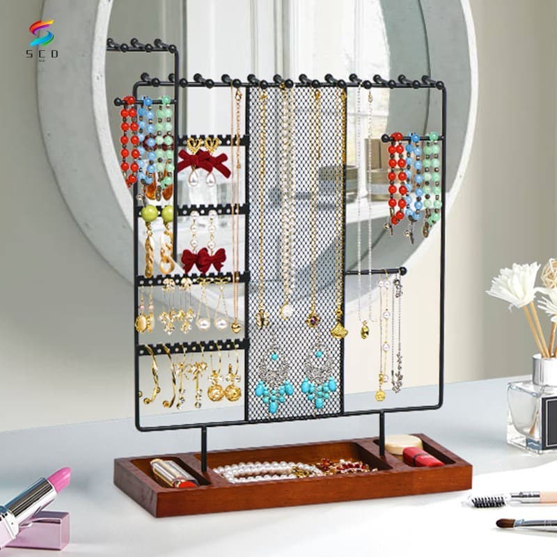 Rack De Exibição De Joias Multicamadas Com Base De Madeira-Suporte De Pulseira De Brincos De Colar Removível