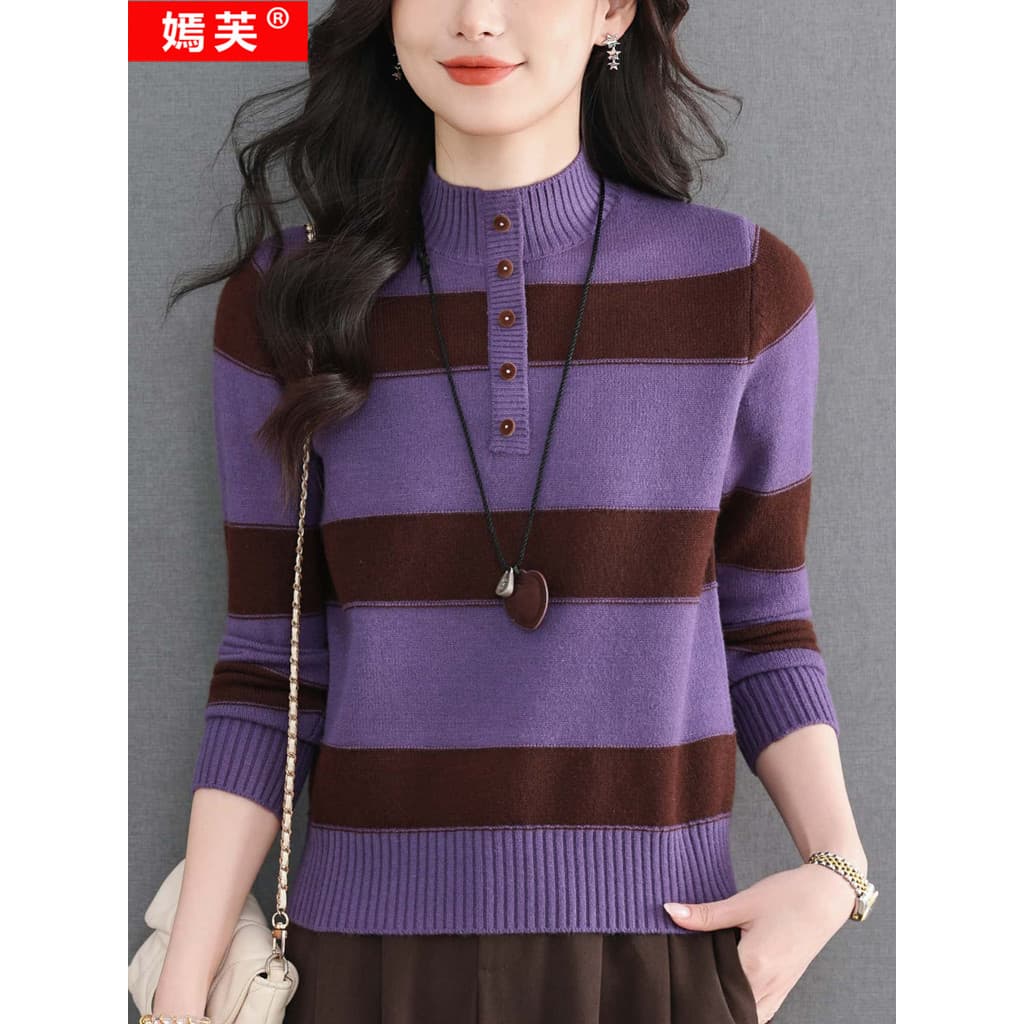 Yanfu novo estilo listrado camisola feminina outono inverno meia gola alta camisola cor combinando moda camisa de fundo
