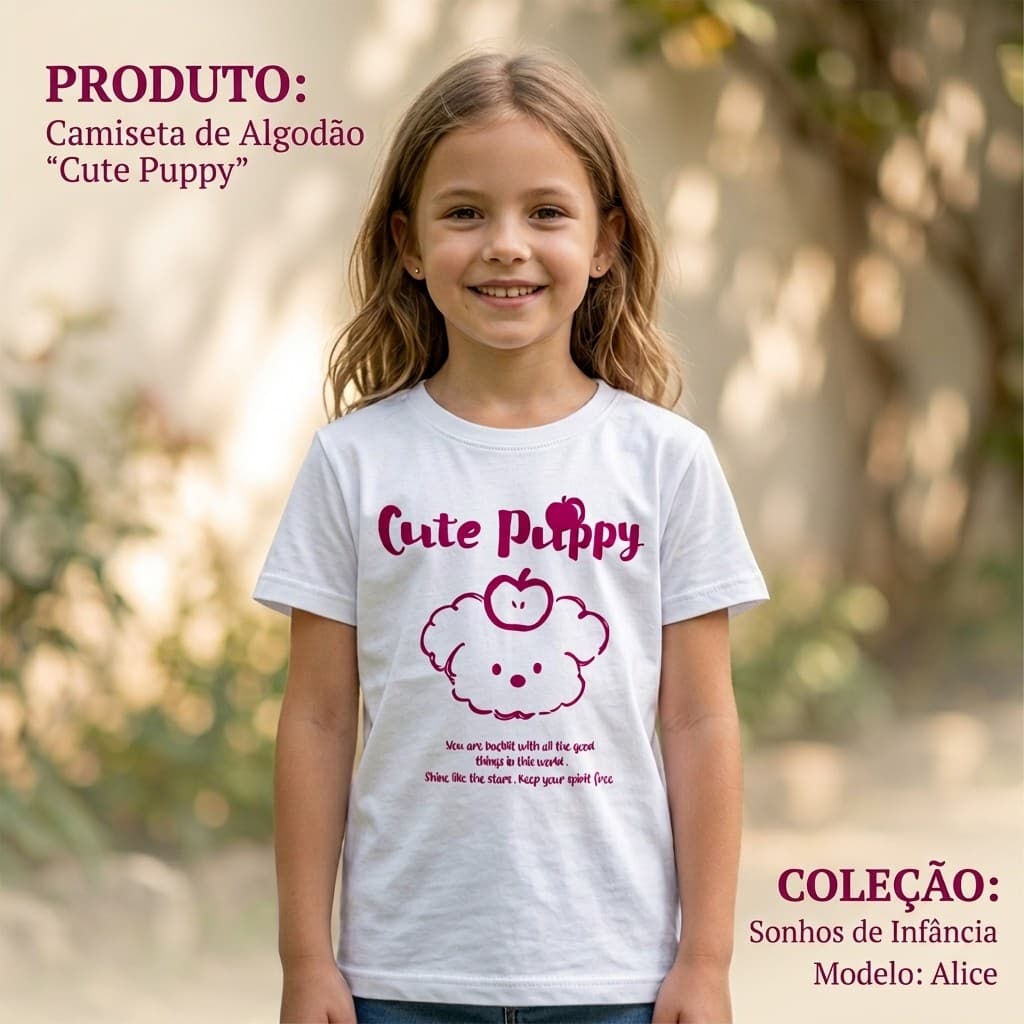 Camiseta Infantil Branca Estampada Cute Puppy | Roupa Infantil Confortável 100% Algodão