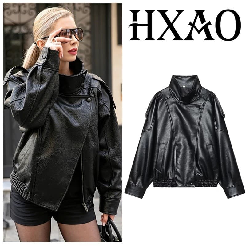 Jaqueta Bomber Feminina HXAO, Jaqueta de Couro Sintético, Jaqueta Curta com Zíper, Casaco Curto Corta-Vento, Jaqueta de