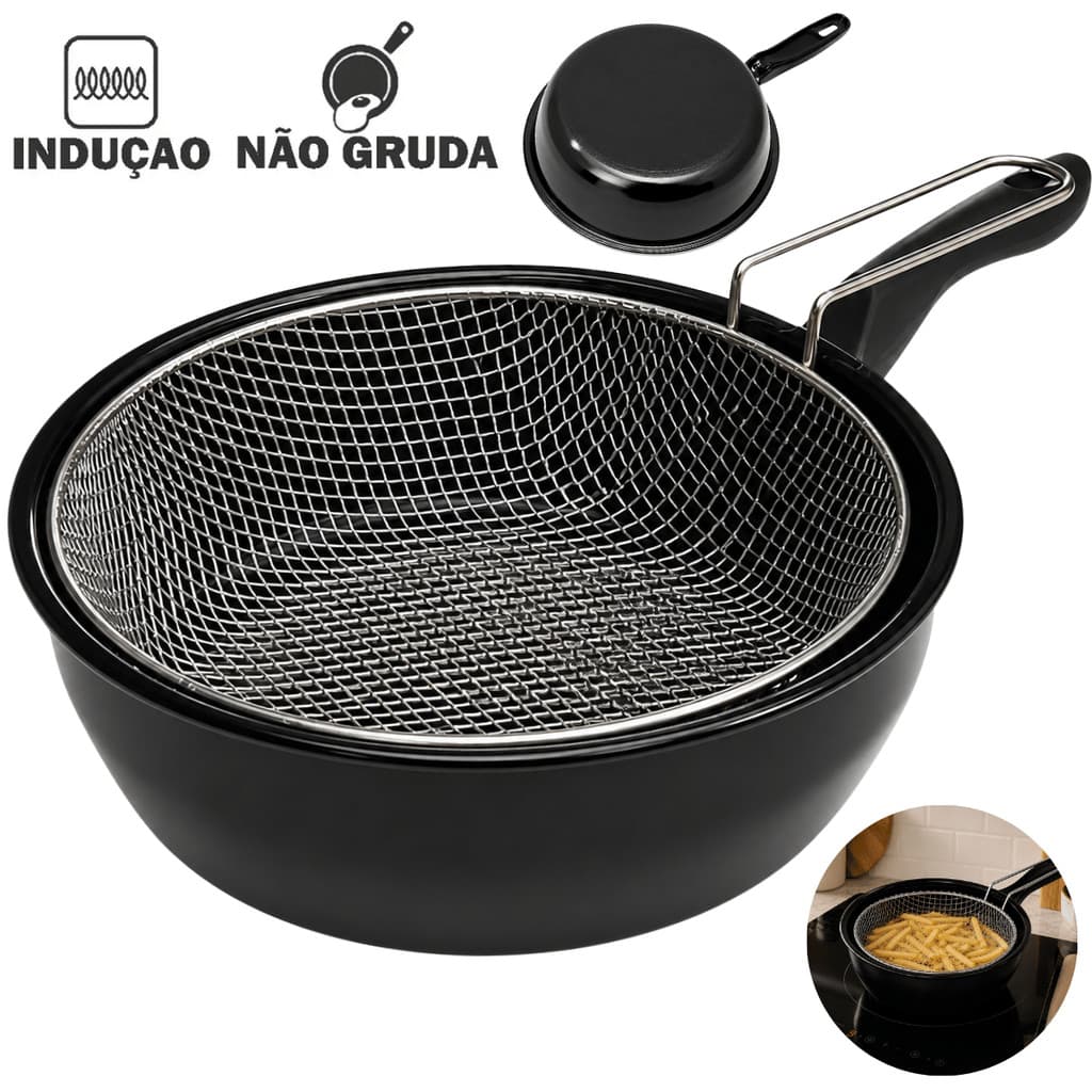 Panela Frigideira Fritadeira Fogão de Indução Com Cesto de Fritura Fritatudo 26cm 1,8 Litros