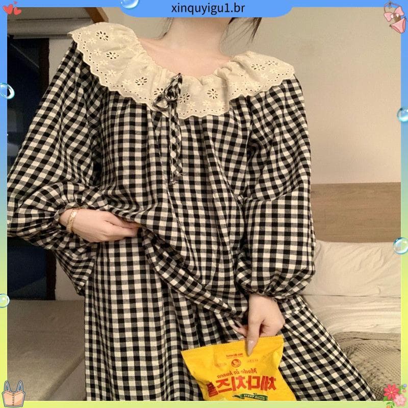 Primavera outono novo estilo xadrez renda costura pijamas de renda feminino solto estilo preguiçoso estilo fino 100kg ta