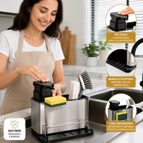 Dispenser Porta Esponja Bucha Detergente Em Inox Pia Cozinha