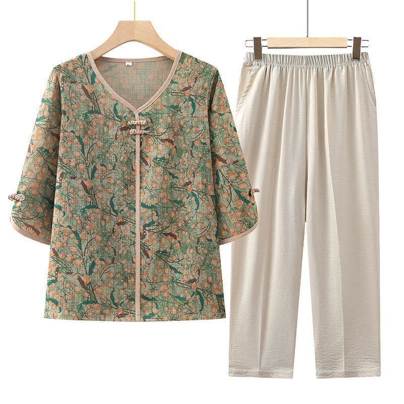 Roupas femininas idosas de meia-idade mãe verão terno avó camiseta estilo fino idosos terno de duas peças de manga média