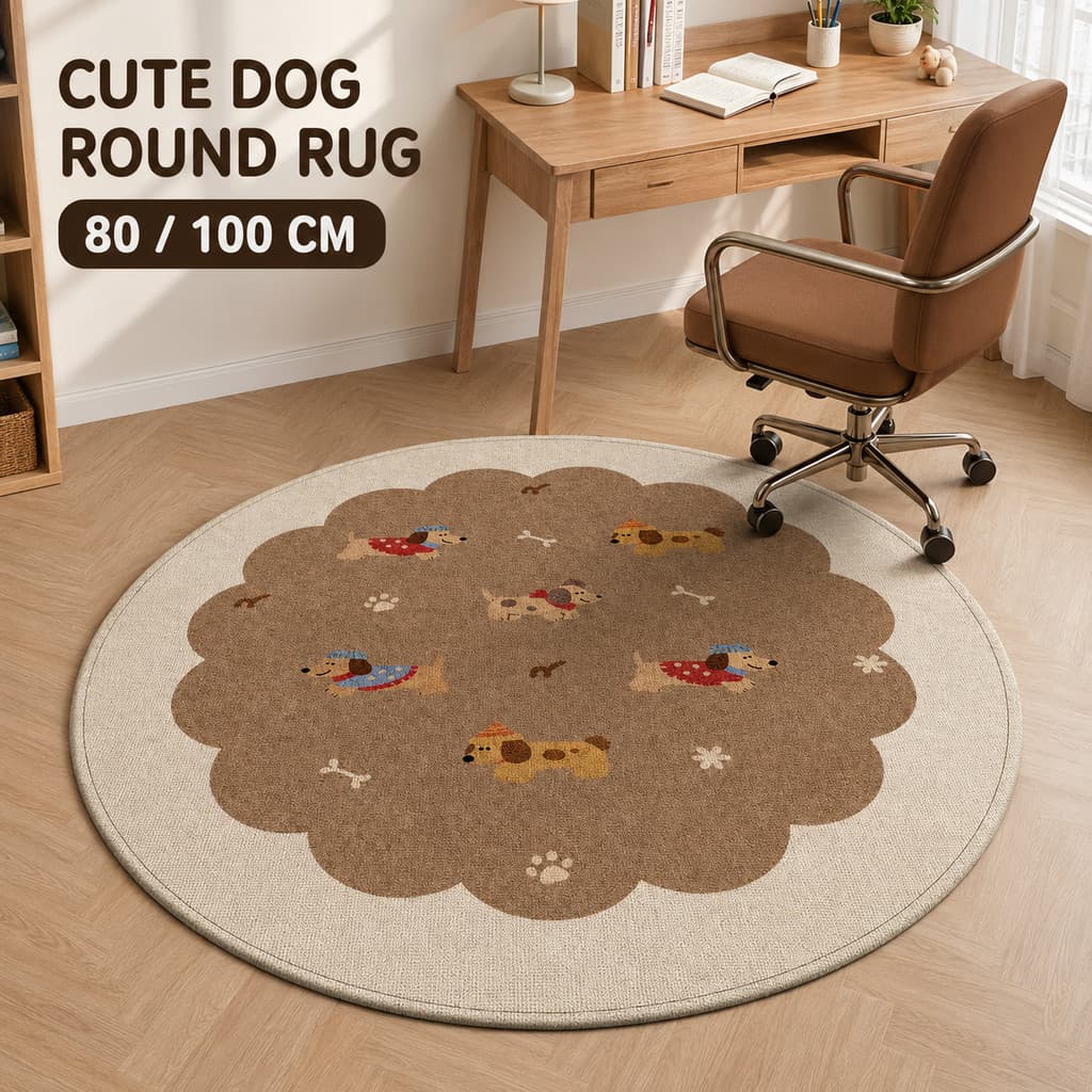 Cute Dog Round Belgian Velvet Rug Soft Floor Protector for Rolling Chair Kids Study Bedroom 80 100cm Brown Cartoon Decor
