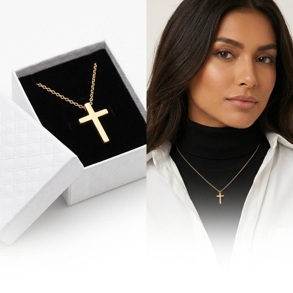 Colar Crucifixo em Aço Inoxidável Não Escurece Feminino Banhado Ouro 18K + Caixa para Presente Luxuosa Alta Qualidade