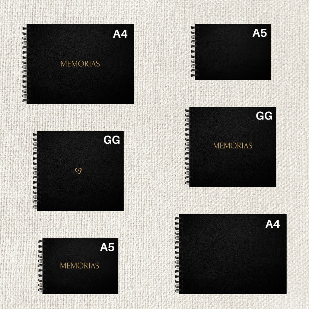 Álbum Scrapbook (A5, Grande e A4) Preto HotStamping com Caneta