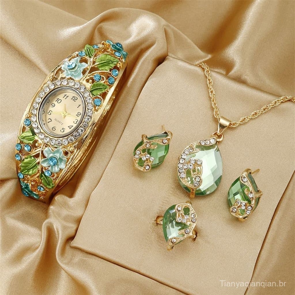 Novo modelo 2026 de relógio de pulso feminino elegante com design floral vintage estilo corte cloisonné, conjunto de joi