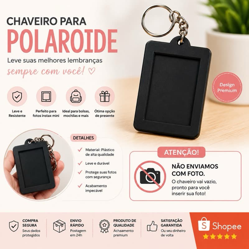 Chaveiro Porta Foto Polaroid Instax Mini 39,5x55mm Personalizável Moldura para Fotos