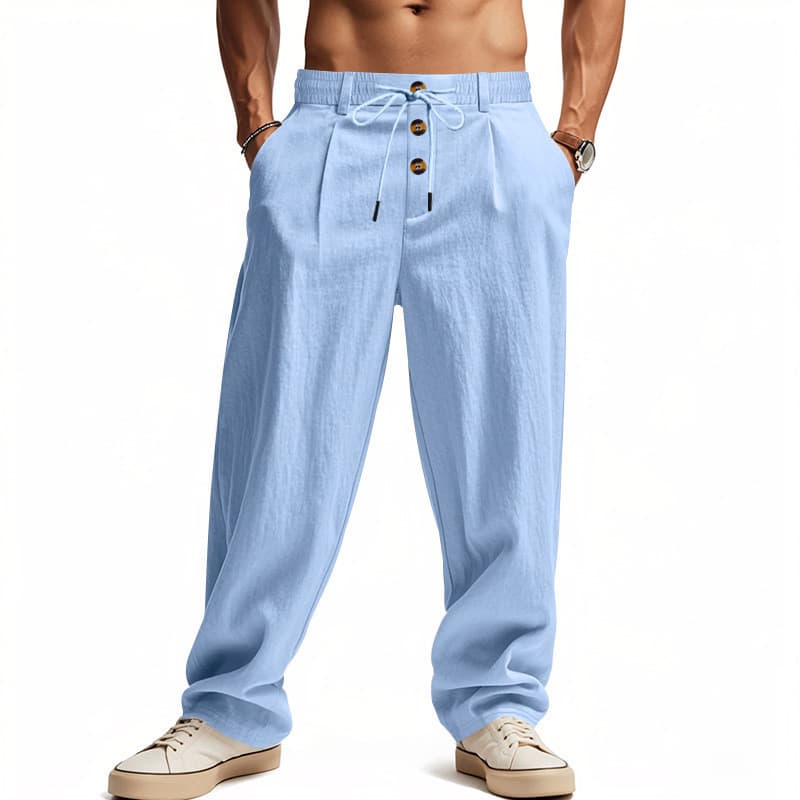 Masculino reto linho botão decoração respirável solto esportes casuais Cinto calças