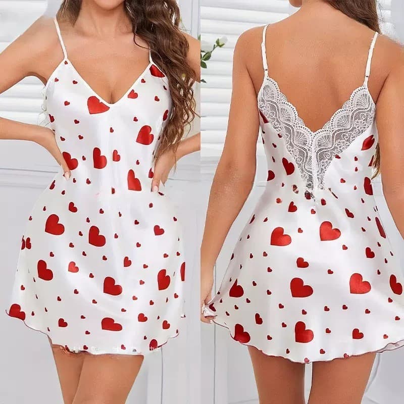 Novo estilo de roupa de casa: pijama tipo vestido com decote em V profundo, renda, estampa de coração e costas abertas.