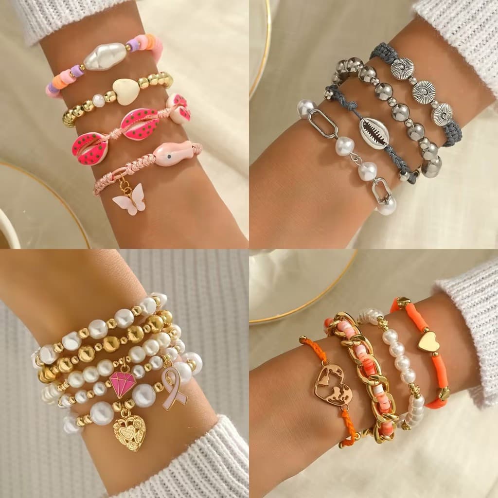 Pulseira moderna em formato de T com contas de cerâmica em forma de concha e peixinho, adornada com pingente de borbolet