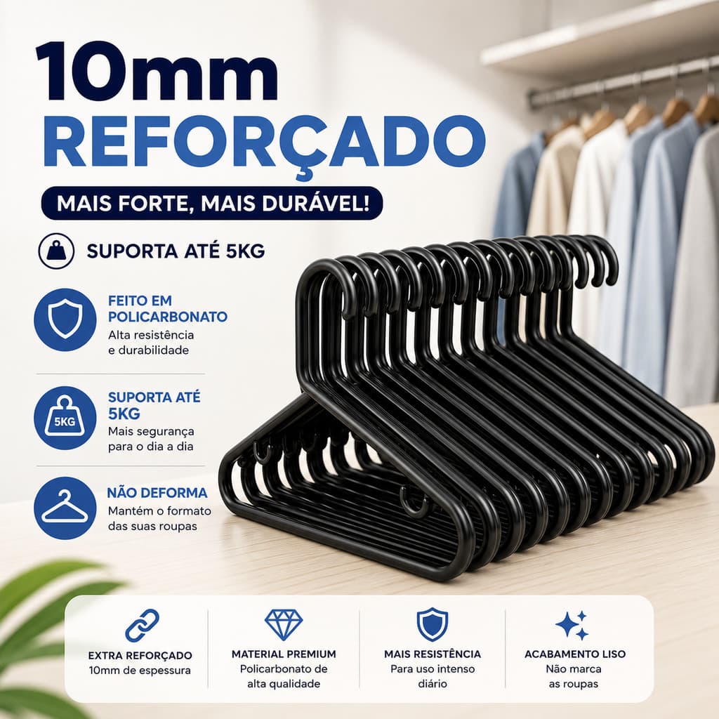 30 Cabides Super Reforçados 10mm Grosso Policarbonato Preto