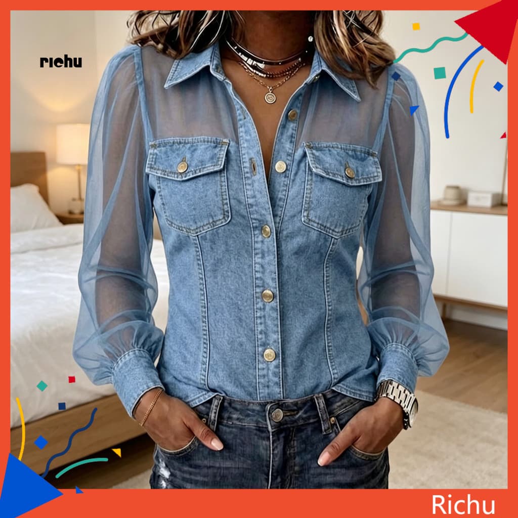 Denim Patchwork Tops Casual Country Concert Outfit Women’s Shirt Long Sleeve Shoulder Mesh Lapel Buttons for Concerts