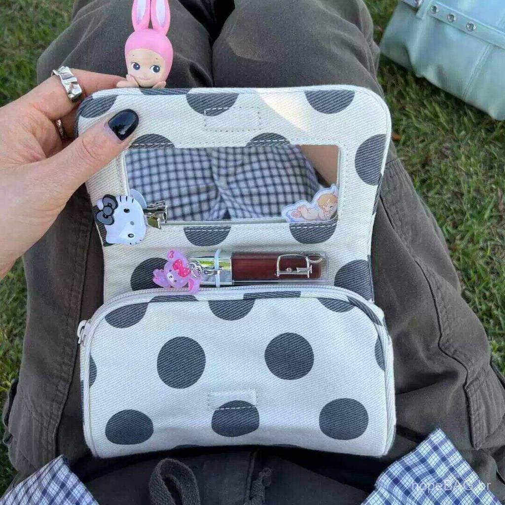 Bolsa pequena quadrada estilo coreano retrô com bolinhas, bolsa de maquiagem portátil de tecido twill, organizador de ca