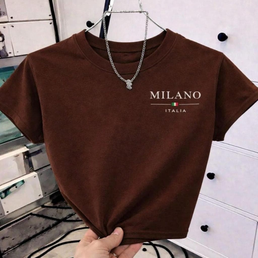 Cropped Feminino Top  "Milano Italia" Top Curto Manga Curta Gola Redonda Lançamento 100% Algodão