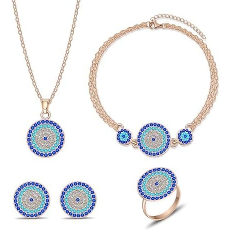 Conjunto De Joias AILUOR Lucky Round Evil Eye , Ouro Inspirador Turco Hamsa Azul Cristal Mau Olhado Pingente Colar Anel