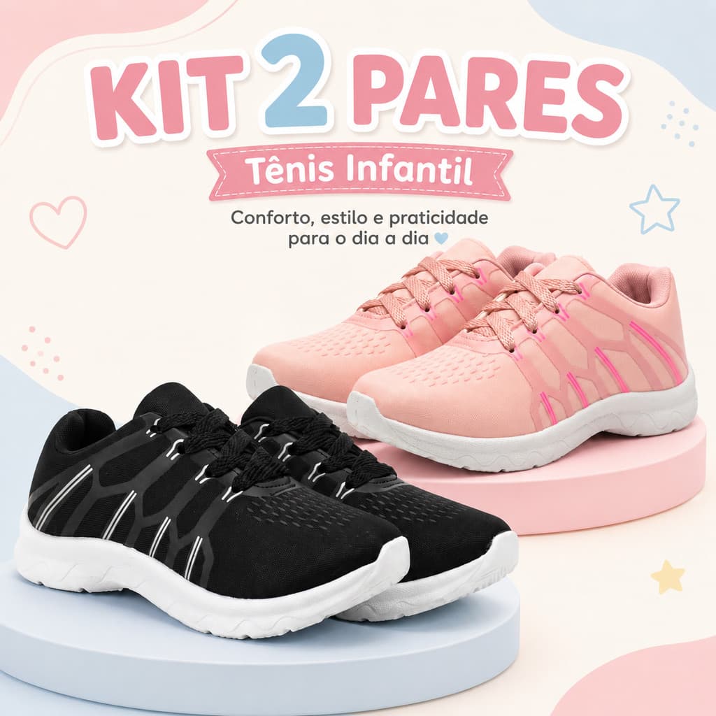 Kit 2 Tênis Infantil Menina Esportivo De Alta Qualidade E Muito Conforto