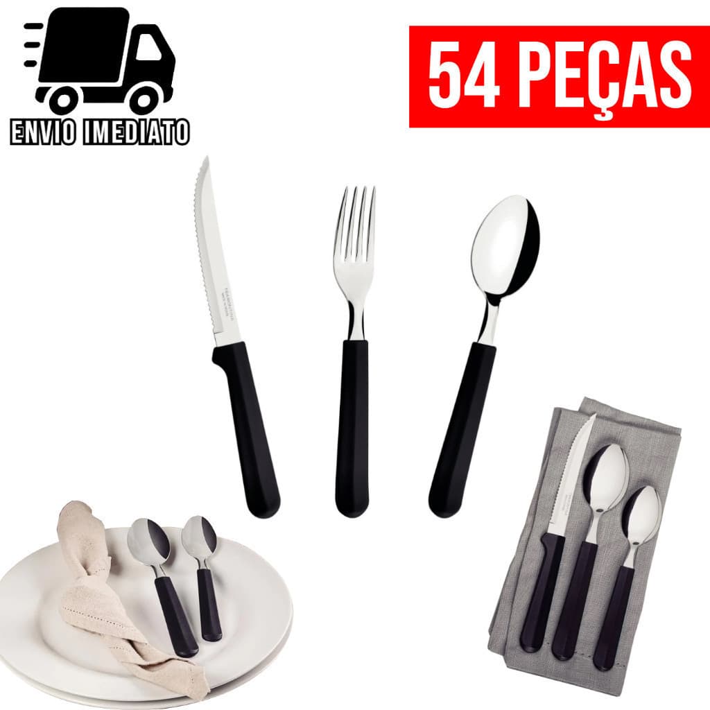 Jogo de Talheres Preto 54 Peças Cozinha Aço Inox18 Garfos 18 Facas 18 Colheres Conjunto de Talheres