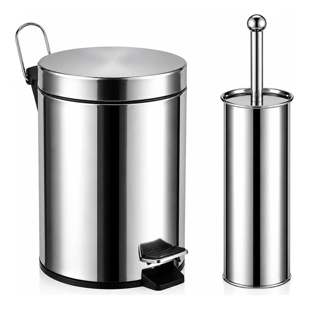 Kit Lixeira 5L com Pedal e Escova Sanitária Aço Inox Balde Interno Higiene Banheiro Lavabo Moderno Premium