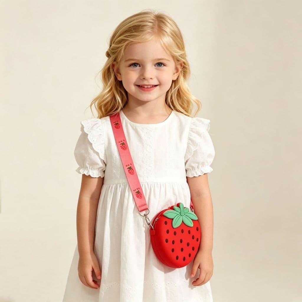 Bolsa Infantil Transversal de Silicone de Morango - para Meninas com Alça Ajustável