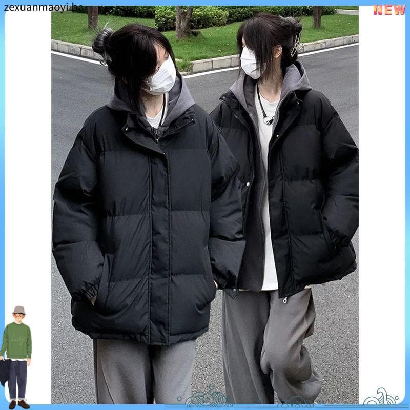 Preto gola sem capuz para baixo jaqueta acolchoada das mulheres dos homens inverno grosso acolchoado jaqueta feminina ru