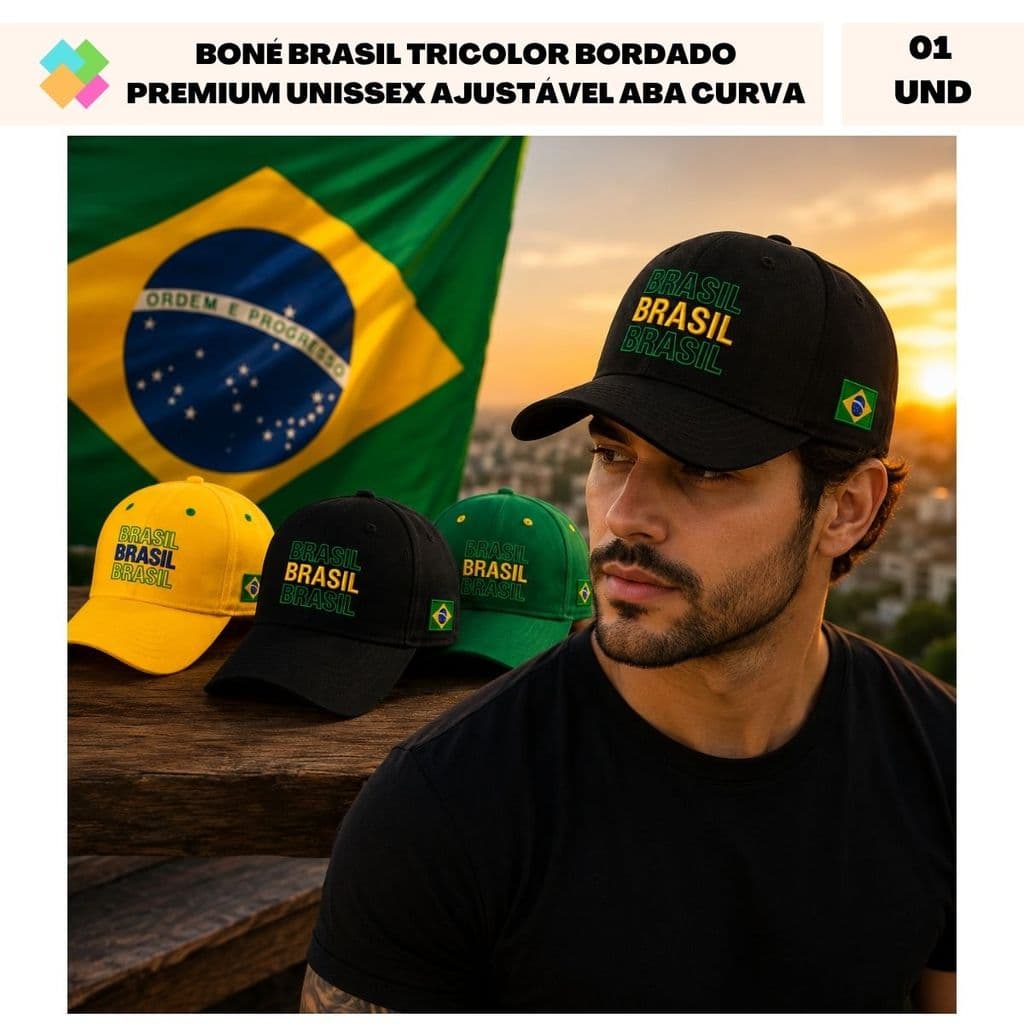 Boné Brasil Tricolor Bordado Premium Unissex Ajustável Aba Curva (1 Und)
