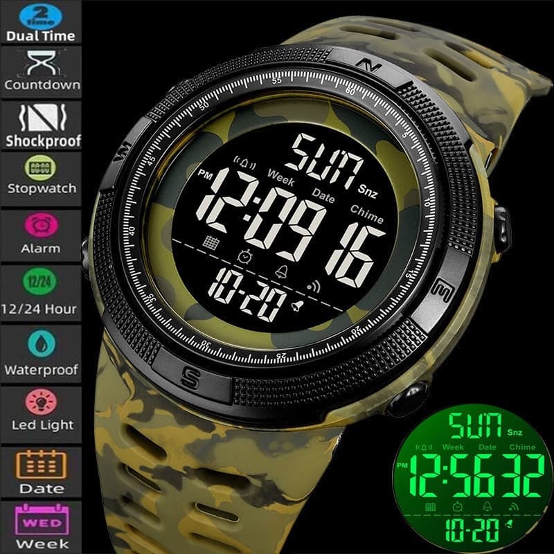 Relógio esportivo militar masculino Skmei, design elegante, equipado com pulseira de TPU camuflada, tela grande, display