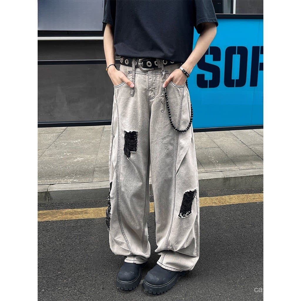 Calças jeans masculinas americanas rasgadas, estilo streetwear, lavadas, corte reto, compridas até o chão, design estilo