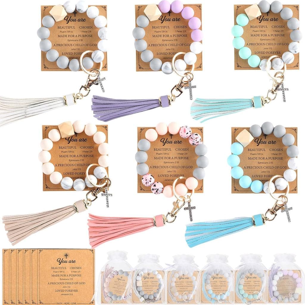 6 Sets Christian Silicone Cross Keychain Bracelet for Women Religious Key Ring Bracelets Bulk Silicone Wristlet Keychain