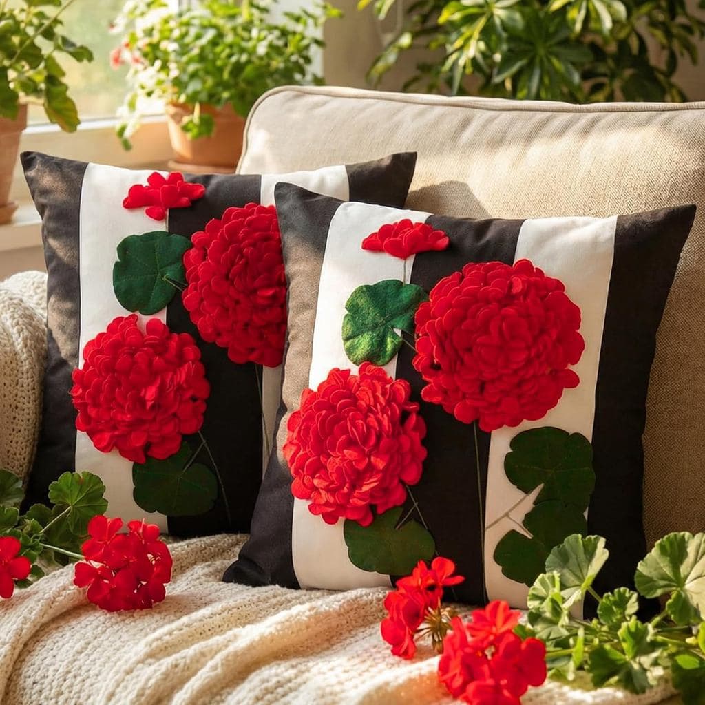 Boao 2 Peças Capas de Almofada Decorativas 3D com Estampa de Gerânio Vermelho 18 x 18 Polegadas, Capa de Almofada com Es