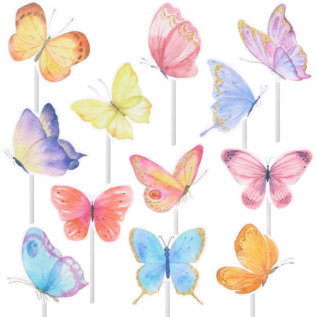 24 Peças de Topos e Palitos Coloridos de Borboleta para Cupcakes, para Festas de Meninas, Aniversários e Chá de Bebê