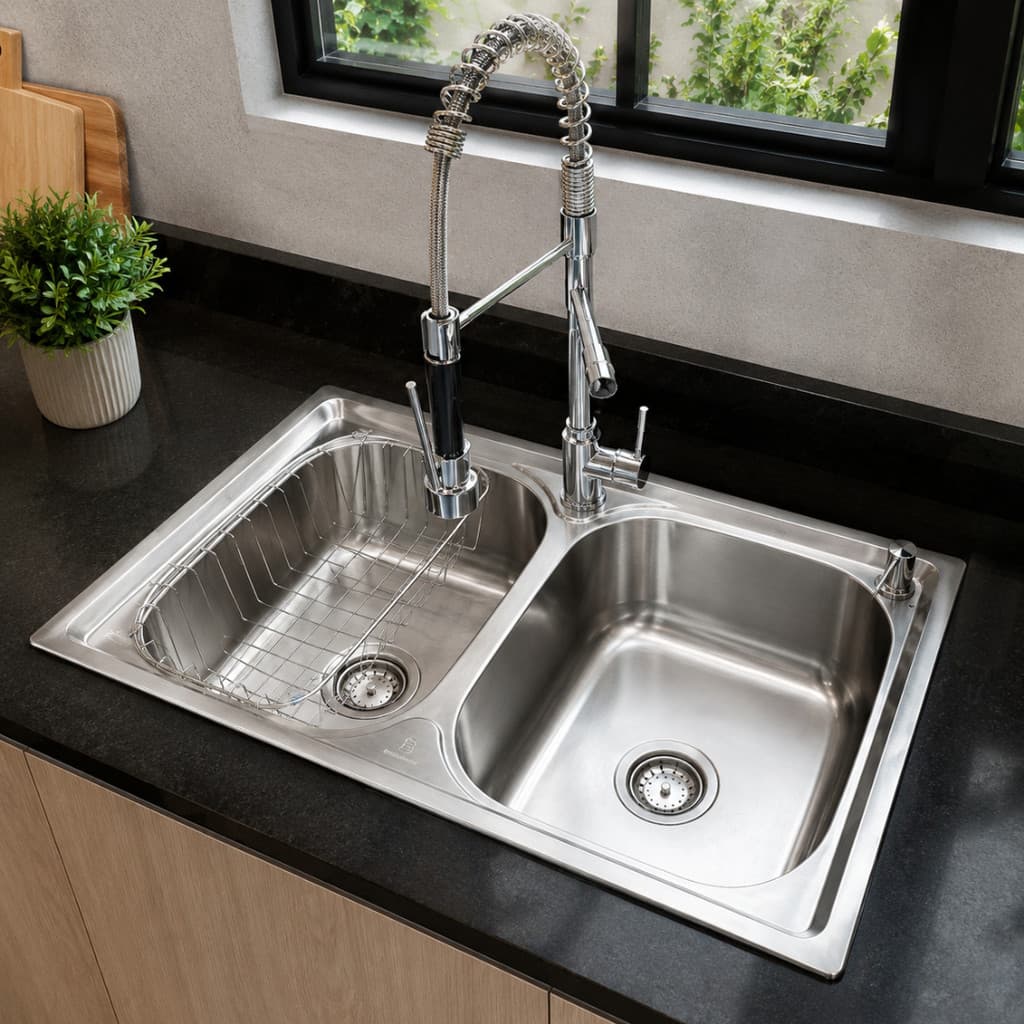 Kit Cuba Dupla Cozinha Inox 304 78x43cm Completa Com Torneira E Acessórios