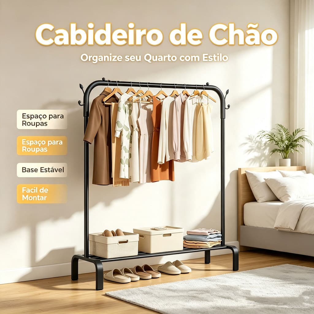 Cabideiro de Roupas com Sapateira Arara Closet Organizador Preto Cabide de roupas de poste único/duplo