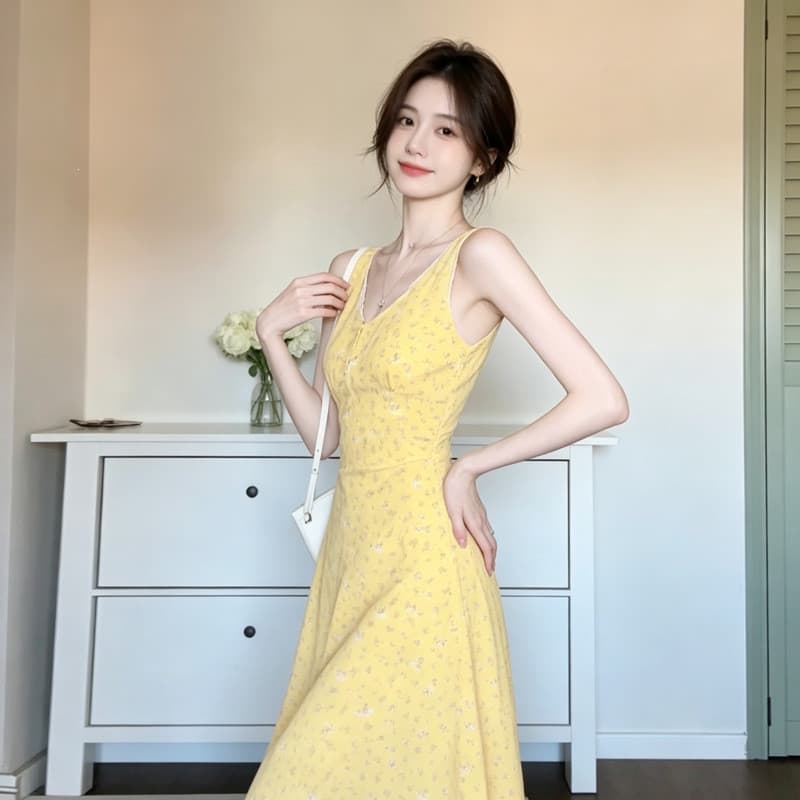 Vestido Floral amarelo sem mangas francês novo estilo à beira-mar estilo férias saia longa de cintura estreita
