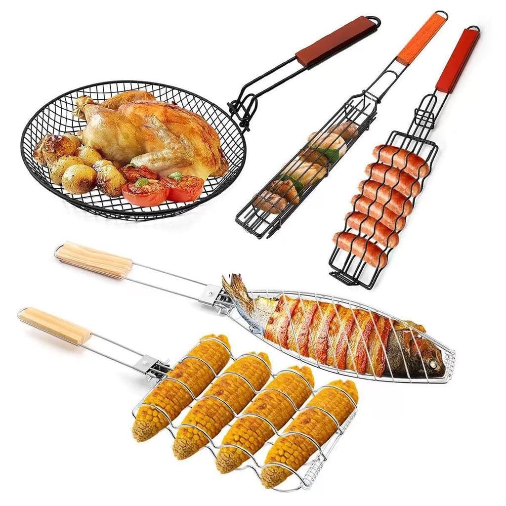 Salsicha ao ar livre cachorro-quente grelhar rede de aço inoxidável churrasco ferramentas acampamento churrasco sanduích
