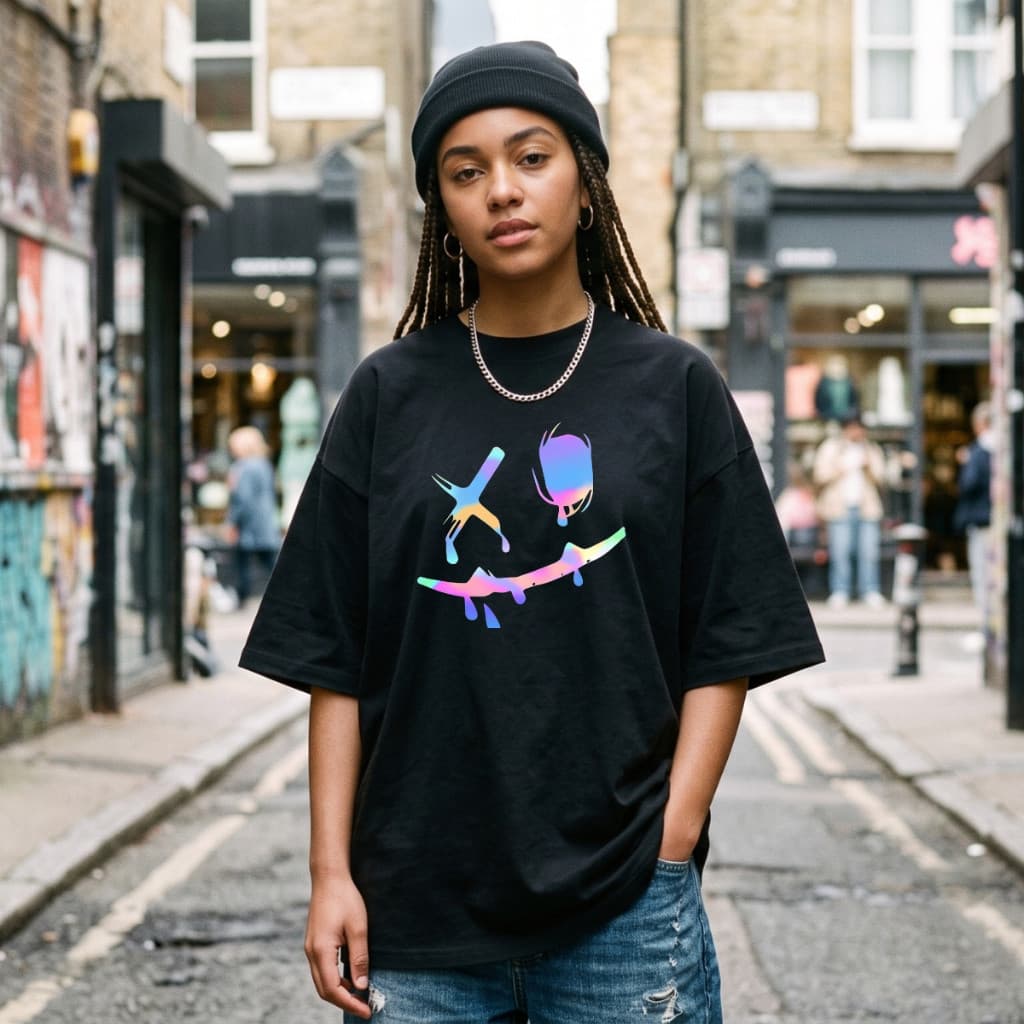 Camiseta Oversized Feminina Streetwear Y2K Estampa Smile Holográfico