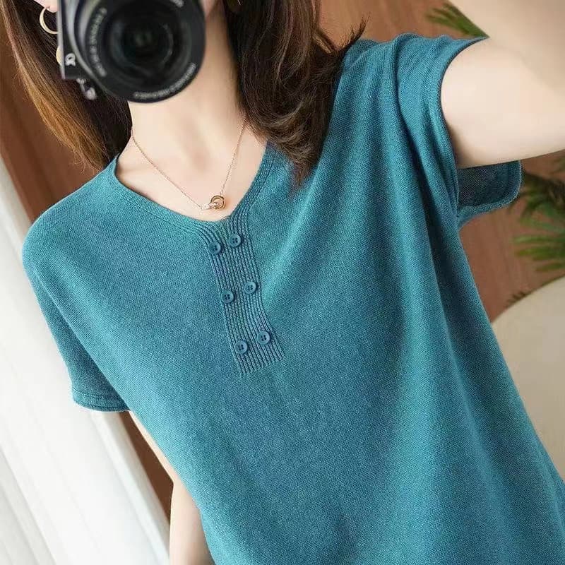 Blusa Feminina Plus Size de Seda Gelada, Manga Curta, Vazada, Malha Fina, Camiseta 3841 QWFR